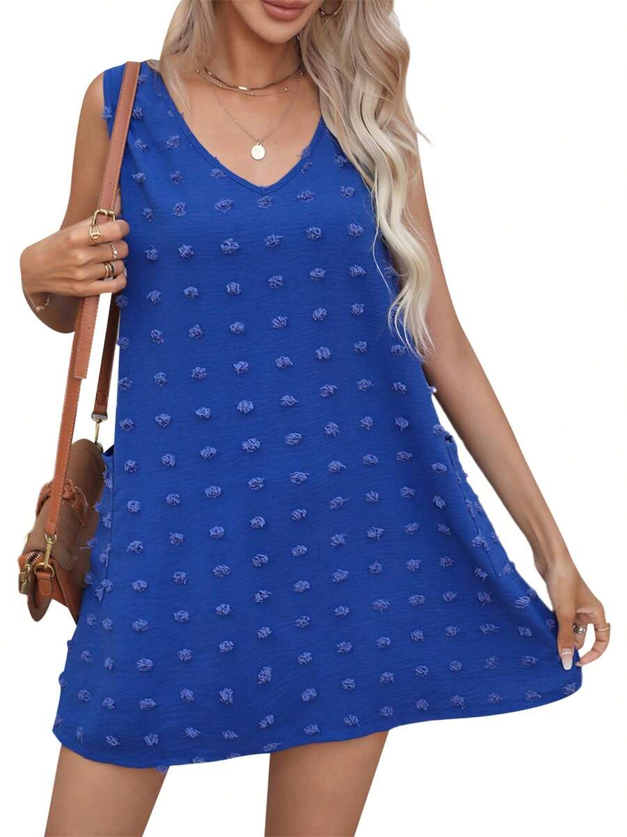 Womens Casual Sun Summer Dresses Swiss Polka Dot Beach Cover Up V Neck Tank Dress With Pockets - 藍色 - 查看 1