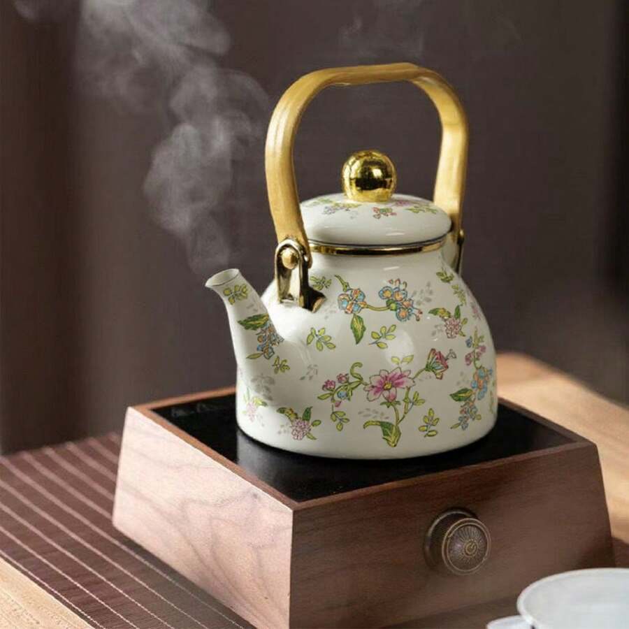 1 件花卉主题珐琅茶壶、咖啡壶、水壶、手冲水壶 - 珐琅钢结构、花卉和大手柄设计、容量大、多用途、耐热、适合所有季节和场合，适用于水、咖啡、油、醋、桌面装饰、生日派对、节日、户外野餐和露营