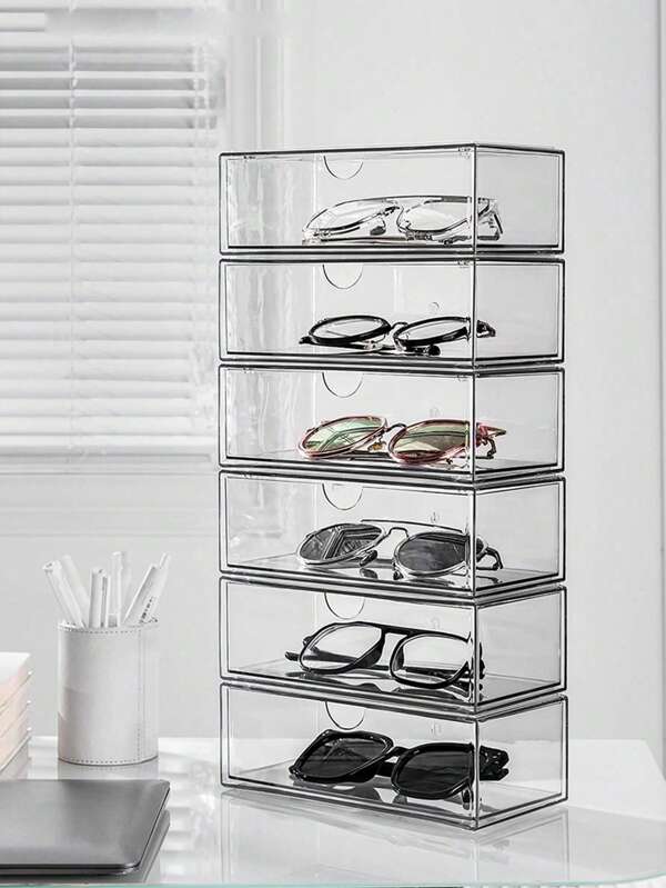 1pc Transparent Desktop Sunglasses, Makeup And Lipstick Organizer Box With Divider, Dust-Proof Drawer Storage Rack