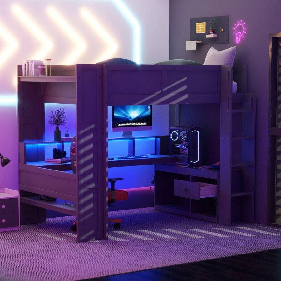 Wood Full Size Gaming Loft Bed With Desk Multi-Storage Shelves LED And Charging Station Dark Gray - Xám đậm + Gỗ đặc + MDF + Phòng ngủ như hình - Xem 1