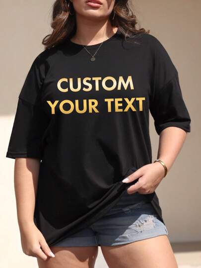 Customized Loose Women T-Shirt With Your Photo/Family/Best Friend/Couple/Pet, Input Your Text/Anniversary/Message/Meaningful Words. Plus Size Women Plus Size Casual Round Neck T-Shirt. Custom Graphic Tee, Black Top For Women. Anniversay, Valentine's Day, Birthday, Best Friend, Holiday Gift
