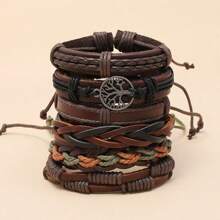 6pcs Vintage Handmade Braided Leather Bracelets DIY Peace Tree Combination, Men Jewelry Accessories Wholesale, European And American Style
