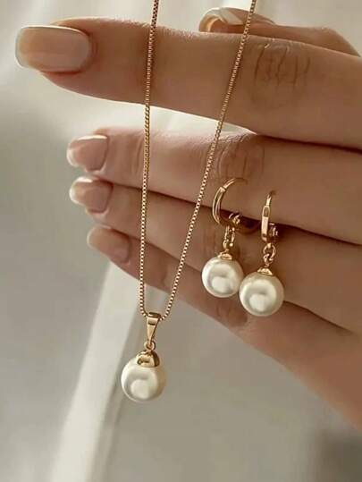 Juego de 3 piezas de collares y aretes de perlas sencillos, adecuado para uso diario, festivales y fiestas de mujeres