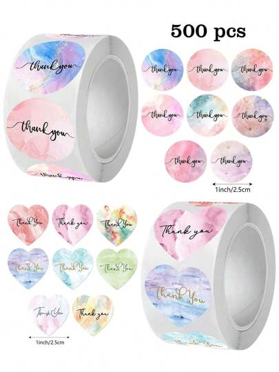 500pcs/Roll Colorful "Thank You" Adhesive Stickers, Simple Heart/Round Shape For DIY Decorating Gifts, Gift Boxes, Envelopes, PVC Sealing Sticker Labels