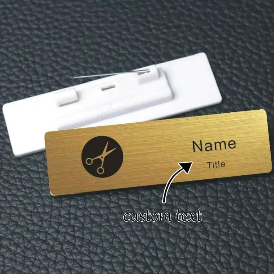 Golden Stainless Steel Chest Tag With Custom Text Engraving For Barber Pin, Designed For Stylist Office Supplies With Black Text Name Company Name Address - Multicolor - View 1