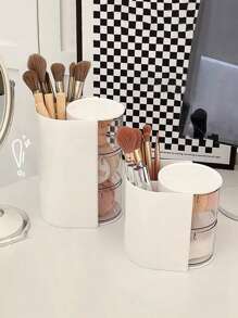 1pc Rotating Makeup Organizer Box With Drawers, Plastic Cosmetic Storage Box With Dividers, Compact Desktop Travel Makeup Box To Store Makeup Sponges, Makeup Brushes, Small Hair Ties, Clips,For Holiday Beach, Bathroom Collection, Bedroom Collection, Large Capacity