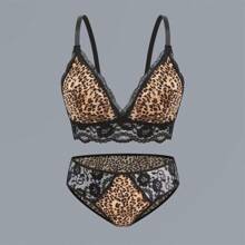 Plus Size Women's Lace Patchwork Leopard Pattern Soft & Breathable Sexy Lingerie Set - Brown - View 1