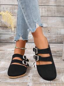 Sapatos femininos sem cadarço pretos com bico fino e decoração de franjas, bico redondo e versátil, outono 2025, mule - Preto - Ver 3