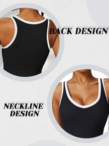 DINBEY 女士无缝瑜伽连体裤，方领收腹罗纹运动紧身衣 - 黑與白 - 查看 4