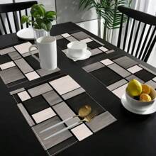 Set de 1/4/6 individuales de lino, manteles rectangulares de 12x18 pulgadas, con patrón geométrico a cuadros en negro y gris, individuales tejidos lavables a máquina para comedor, cocina, fiestas, decoración de cafetería - Multicolor - Ver 1