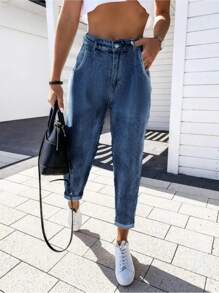 Jeans estilo mom fit con puño en el tobillo - Azul - Ver 4