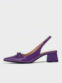 Women's Bowknot Accent Solid Color Pointed Toe Closed Back High Heel Shoes, Fashion & Comfortable Slip-On Pumps, Elegant For Daily Commute, Party, Wedding, Formal Occasion, Suitable For Autumn/Winter, Purple