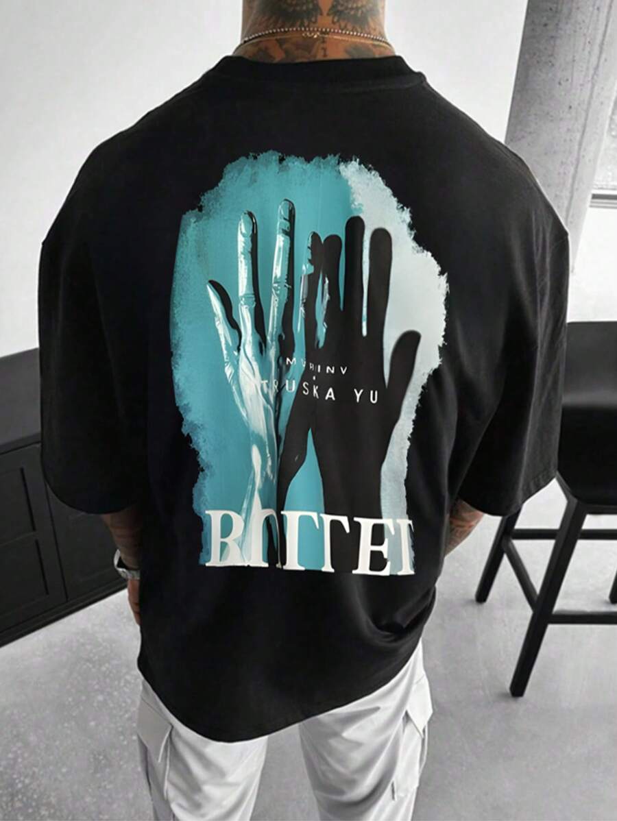 Men's Casual Hand Print Letter Short Sleeve T-Shirt Top, Fashion For Spring/Summer