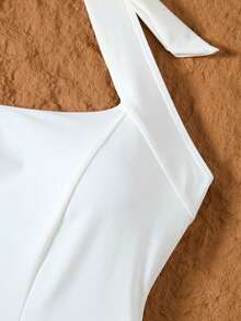 1pc Women Casual Contrast Color High Neck Tie Waist One-Piece Swimsuit - White - View 7