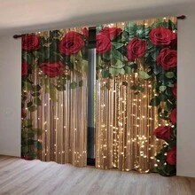 2pcs Glitter Rose Flower Digital Printed Curtain, Polyester Material, Rod Pocket Design, Suitable For Living Room, Kitchen, Bedroom, Study, Bathroom, Hotel, Dining Room, Foyer, Home Decor