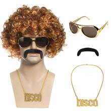 Disco Wig 5-Piece Set Of Wig+Glasses+Necklace+Chicken Lips+Wig Cap 70s Clothing Wig African Wig Men's Short Curly Hair Naturally Fluffy Synthetic Wig Disco Party European And American Men's Rock Hair Disco Hippie 80s Punk Big Dollar Necklace Black Curly Hair Wig