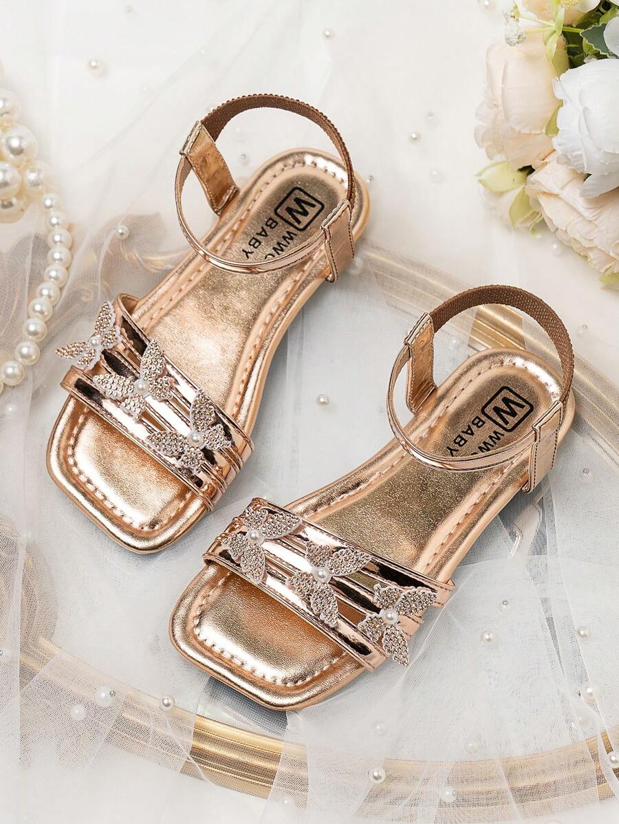 2025新款凉鞋，金钻凉鞋，沙滩凉鞋，蝴蝶亮片凉鞋，波西米亚风凉鞋，时尚凉鞋，珍珠蝴蝶凉鞋 - 金色 - 查看 1