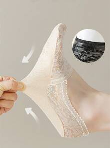 6 Pairs Plus Size Women Invisible Short Socks, Lace Trim Casual Non-Slip Ankle Socks [Without Paper Card]