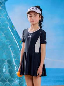 2-In-1 Girls Sports Romper With Letter Print, Solid Color Placement Print Short Sleeve, Brief Lining,Elastic, Breathable, Slimming Design, Suitable For Spring/Summer, Beach, Party, Swimming, Surfing, And Sun Protection