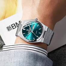 1pc Men's Watch Silver Green 50m Waterproof Rust-Proof 316 Stainless Steel Luminous Hands Japan Imported Quartz Automatic Movement - High-Quality Built-In Long-Life Japan Battery English Sunday Calendar Precise Timekeeping Men's Birthday Gift Husband Father's Day Wedding Souvenir - Bạc - Xem 8