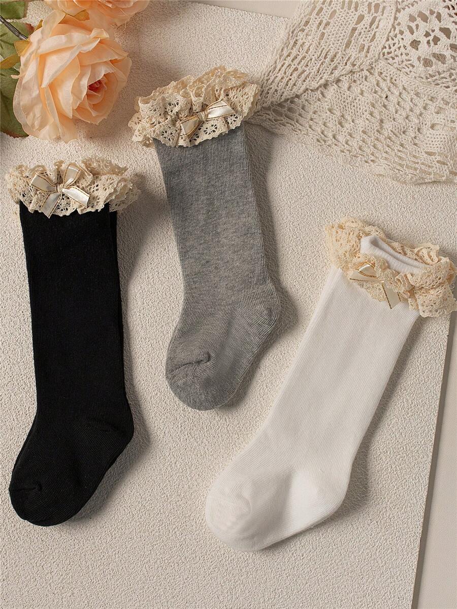 3 Pairs/Lot Ruffle Baby Long Socks Kids Girls Toddlers Cute Soft Sock Lace Flower Children School Uniform Socks For 0-3Years Black Grey White