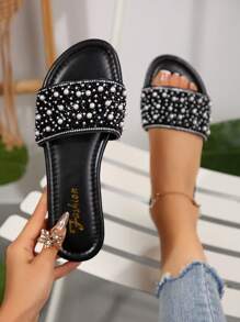New Ramadan Fashion Slip-On Slippers For Women,Large Size, Summer Style Flat Sandals, Solid Color Closed Toe Flat Sandals, Plus Size Women Slippers, Flat Pearl Decor Outdoor Slippers, Odor Prevention Women Shoes, White Round Toe Slippers, Flat Sandals, Women Summer Beach Slippers, Black Shoes