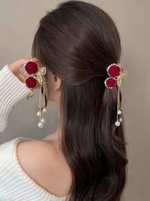 1pc Women's Elegant Red Rose Tassel Crystal Hair Claw Clip, Ideal Gift Hair Clips Hair Jaw Clip Hair Clamps Hair Clutch Hair Catcher Clip