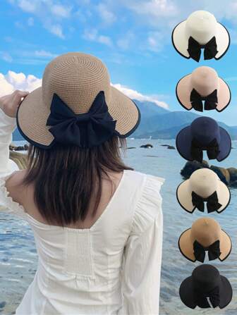 1 件女士草帽，波西米亚风格夏季沙滩帽，蝴蝶结防晒帽，适合度假，用途广泛