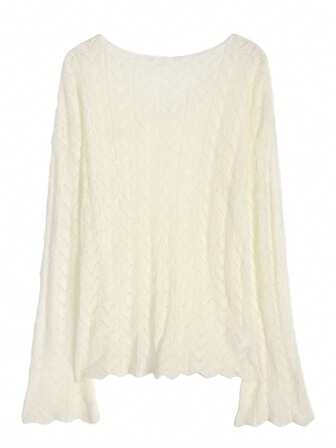 V-Neck Hollow Out Knit Sweater Loose Casual Lightweight Long Sleeve T-Shirt