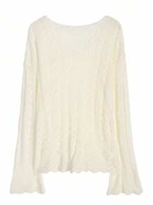 V-Neck Hollow Out Knit Sweater Loose Casual Lightweight Long Sleeve T-Shirt