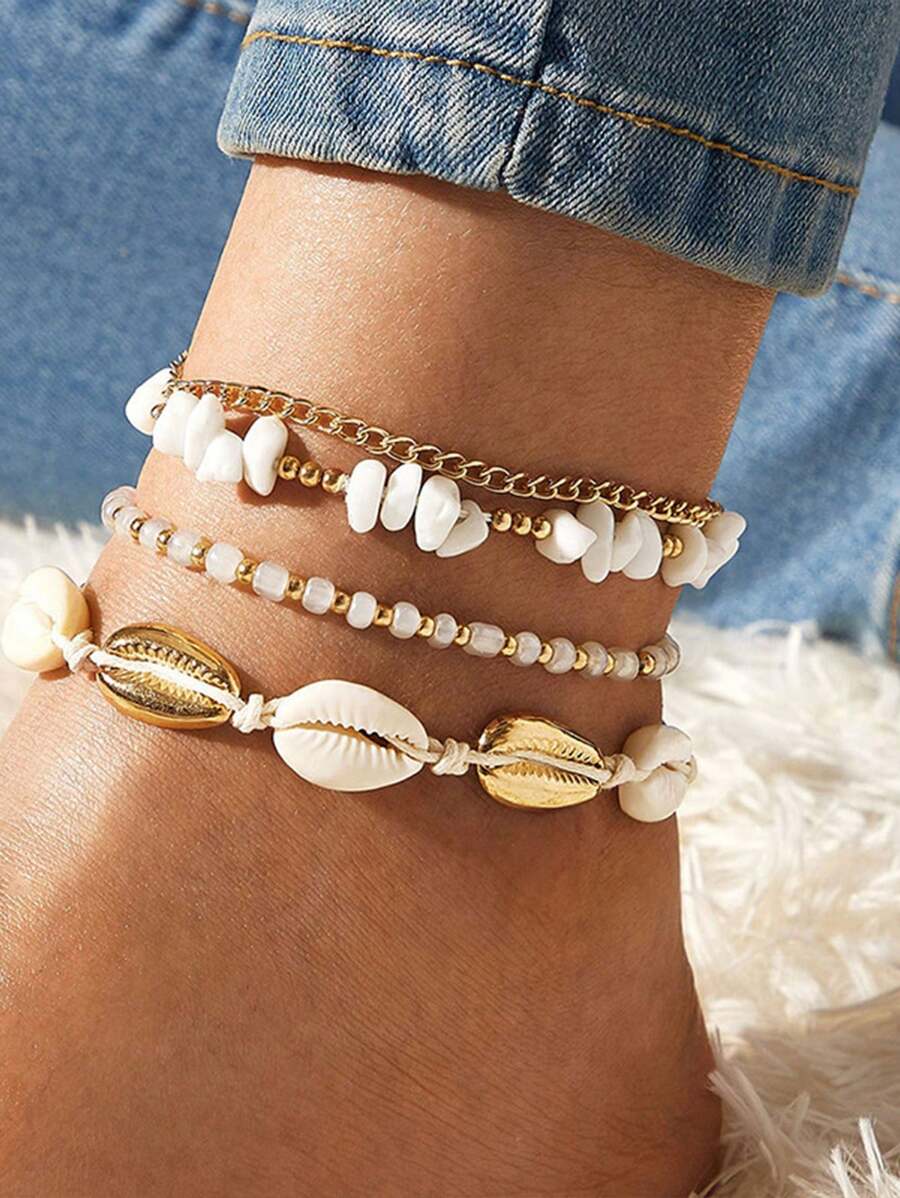 女士波西米亚风格脚链，海洋海滩，贝壳砾石米珠编织脚链，4 件/套