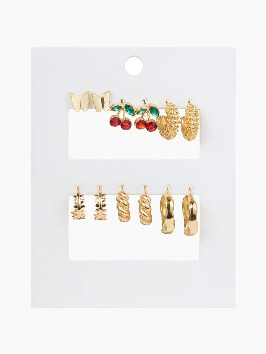 1 Set Women Butterfly & Cherry Metal Hoop Earrings, Fun & Versatile, Suitable For Daily, Commuting, Campus, Dating