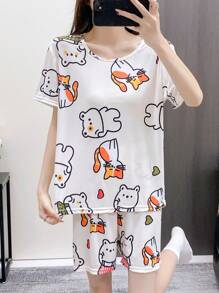 2pcs Spring, Summer & Autumn Pajama Set, Minimalist And Cute Sleepwear Lounge Wear, Effortless Draping Short Sleeve Suit, Wearable As Outerwear, Two Pieces Set