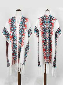 1pc Bohemian Style Retro Print Scarf Shawl, New Women Long Knit Poncho Cape Cloak Outwear Wrap