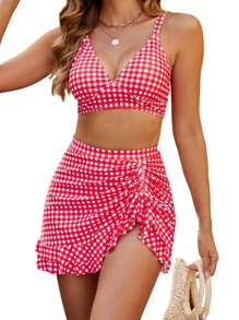 Women 2 Pieces Bikini Swimsuits Plaid Sleeveless Padded Bra High Waist Drawstring Sarongs Skirts Beach Bathing Suit Set - Đỏ - Xem 1