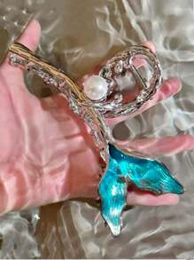 1个女士蓝色金属质感发爪夹，饰有仿珍珠，优雅发夹，适合盘发，美人鱼公主风发夹，发夹，发卡，发饰，抓发夹，秋冬季女士度假装扮及夏季海滩造型发饰 - 藍色 - 查看 5