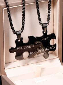 2pcs Stainless Steel Creative Geometric Puzzle Pendant Necklaces For Couples, "Her Weirdo, His Crazy" Letter Design Jewelry Sets, Gift For Christmas, New Year, Valentine's Day,Mom,Mother,Mother's Day,Gift - Multicolor - View 12
