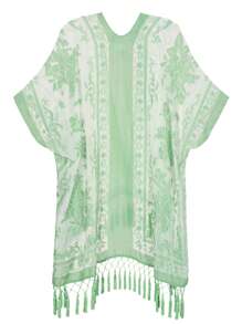 Easter Gift Shawl,Velvet Kimono Cardigan For Women,Velvet Kimono Duster With Tassels,Location Flower,Light Green, 1 Size Fits All - Light Green - 查看 3