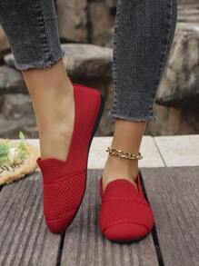 Women's Knitted Flat Mesh Sneakers, Round Toe Casual Slip-On Shoes For Daily Walking, Comfortable Mother Shoes