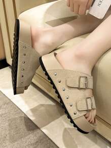 Women's Thick Sole Studded Belt Buckle Slides, Solid Color Indoor/Outdoor Personalized Sweet & Slippers, Summer