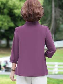 Plus Size Women's Solid Color Puff Sleeve Casual Loose Blouse - Purple - View 3