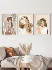 3 件套无框帆布墙面艺术拉伸，美丽女孩抽象海报适用于家庭客厅办公室装饰