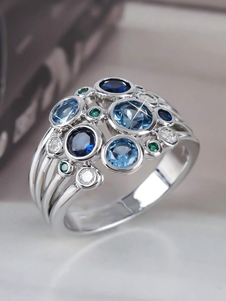 1 anel vintage elegante estilo boêmio com dupla camada redonda de zircônia incrustada, adequado para mulheres, casamento, noivado, aniversário, uso diário