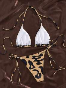 2pcs/Set Christmas,New Year's,Thanksgiving,Halloween Costumes,Sexy Elegant Slimming Randomly Printed Pattern,Vacation Beach And Swimming Pool Back Tie Bikini Set