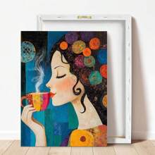 1 pieza, Pintura colgante de lienzo, Pintura decorativa enmarcada, Póster, Arte de pared, Pintura de lienzo abstracta de una chica del café, Estilo de arte decorativo moderno, Listo para colgar en la sala de estar, dormitorio, oficina en casa, decoración de aula