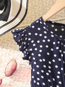 Tween Girl Polka Dot Round Neck Cap Sleeve Casual Dress - Blue - View 5