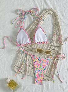 Women's Halterneck Printed Ditsy Floral Two Pieces Bikini Set, Summer Beach - Pink - View 2