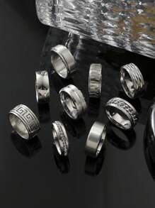 9 Pieces Fashion Patchwork Embossed Men's Ring Set Suitable For Daily Matching Use Holiday Dating Gift Jewelry Casual Jewellery
