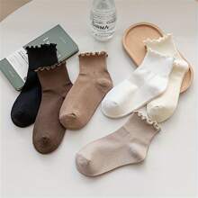 1/3/6 Pairs Mid-Calf Socks For Women, Ruffled Trim & Floral Pattern, Versatile For Spring, Fall & Winter - Multicolor - View 2