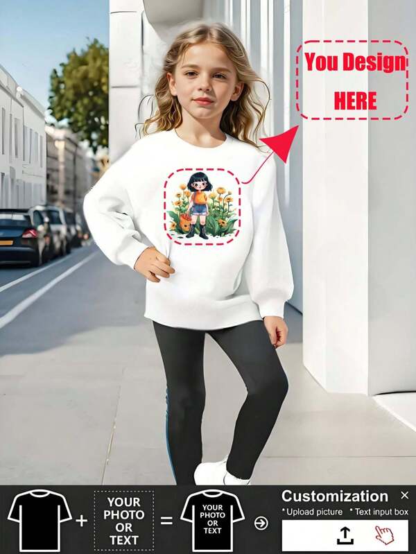 1 pieza Sudadera deportiva informal para niñas de primavera y otoño, cuello redondo, manga larga, versátil y cómoda, Top para niños pequeños con estampado personalizado